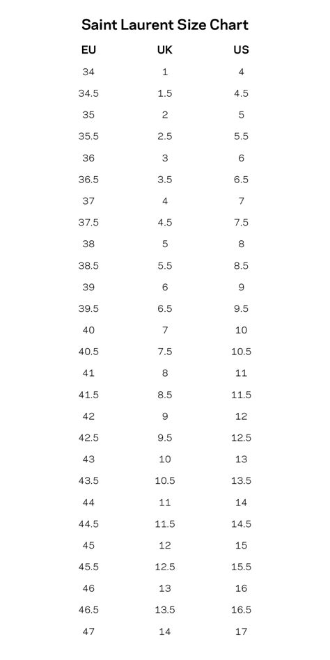 ysl yst laurent size chart